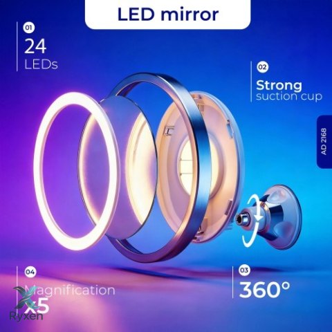 AD 2168 Lusterko led łazienkowe, 5x powiększenie, 24 diody led, regulacja natężenia światła ADLER