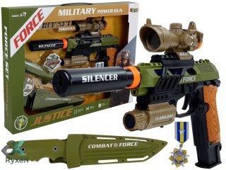 Zestaw Wojskowy Pistolet Karabin Nóż Medal Celownik Dźwięk LEAN TOYS