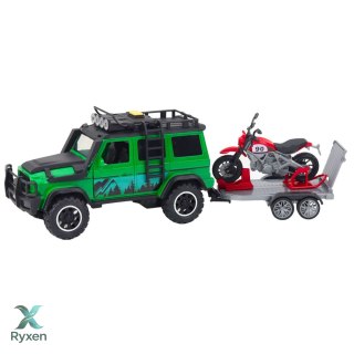 Zestaw Samochód Terenowy Z Lawetą i Motocyklem Światła Dźwięki Zielony LEAN TOYS