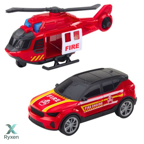 Zestaw Strażacki Laweta Helikopter Samochód Światła Dźwięki Czerwony LEAN TOYS