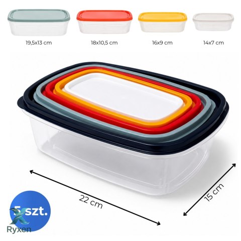 Zestaw pojemników plastikowych na żywność 0,22L, 0,40L, 0,60L, 1,0L i 1,5L wielokolorowe