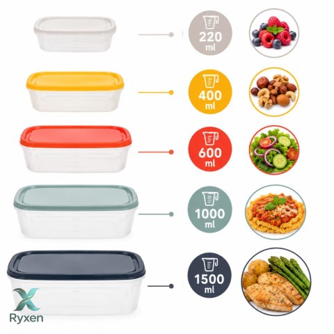 Zestaw pojemników plastikowych na żywność 0,22L, 0,40L, 0,60L, 1,0L i 1,5L wielokolorowe