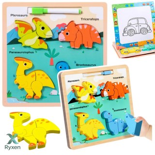 Układanka Tablica 2w1 Drewniana Edukacyjna Dinozaury Pisak