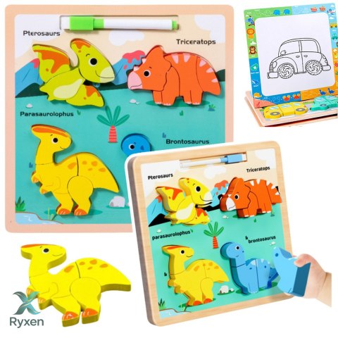 Układanka Tablica 2w1 Drewniana Edukacyjna Dinozaury Pisak