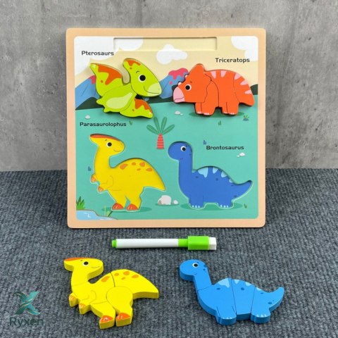 Układanka Tablica 2w1 Drewniana Edukacyjna Dinozaury Pisak
