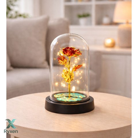 Wieczna Kryształowa Róża w Kopule z Oświetleniem LED Czerwona 21x11cm