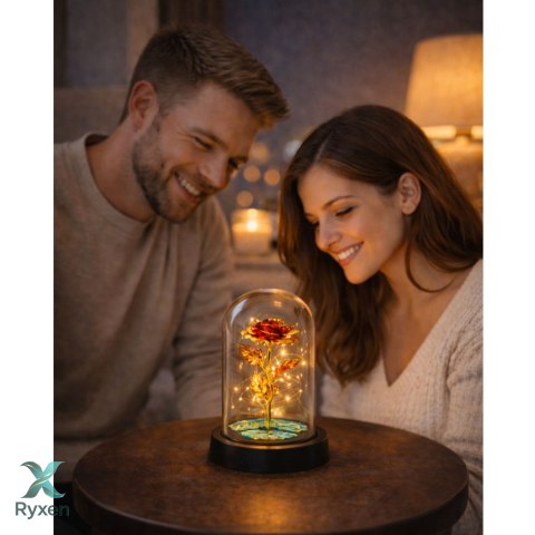 Wieczna Kryształowa Róża w Kopule z Oświetleniem LED Czerwona 21x11cm