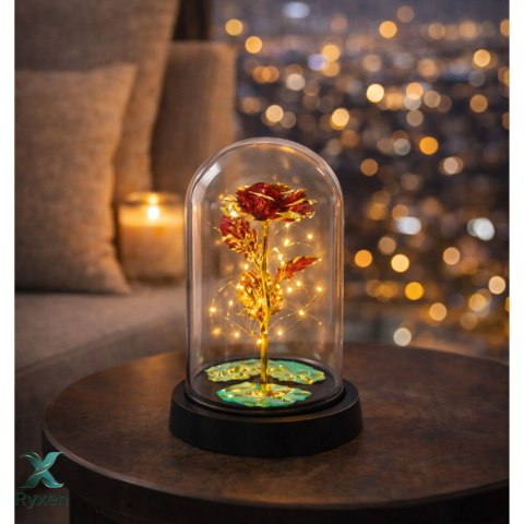 Wieczna Kryształowa Róża w Kopule z Oświetleniem LED Czerwona 21x11cm