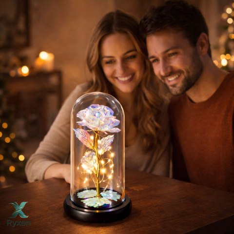 Wieczna Róża W Kopule Kryształowa Kolorowa Oświetlenie LED 21x11cm