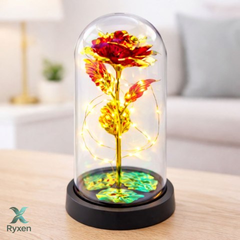 Wieczna Róża W Kopule Kryształowa Oświetlenie LED Czerwona 21x11cm