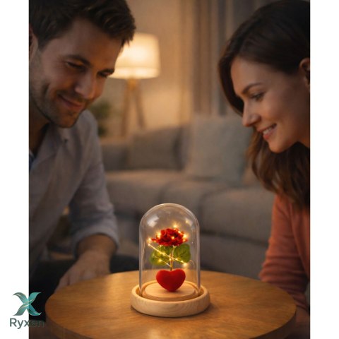 Wieczna Róża w Kopule z Oświetleniem LED Czerwona z Serduszkiem 14x8cm
