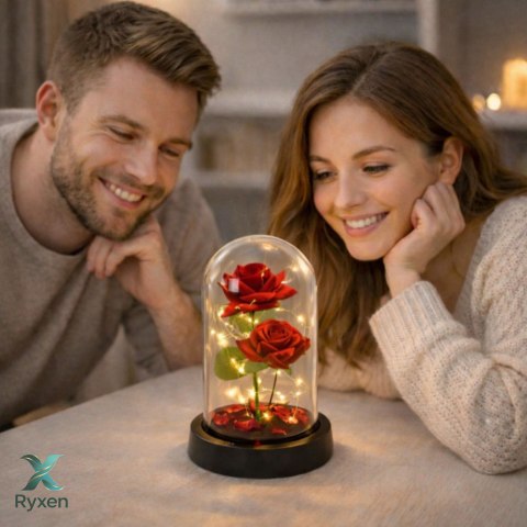 Wieczne 2 Róże w Kopule z Oświetleniem LED i Płatkami Róż Czerwone 21x11cm