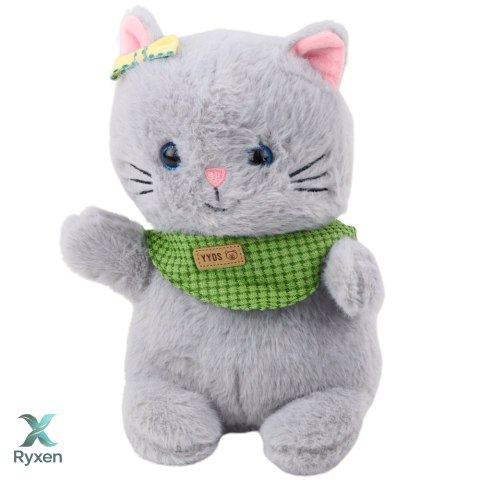 Pluszowa Maskotka Przytulanka Kot Szary Zielona Apaszka Kokardka 22cm