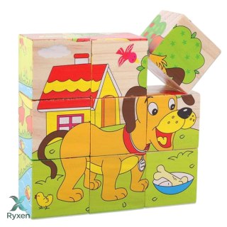 Drewniana Układanka Klocki Farma Puzzle Edukacyjne Zwierzęta 6 Obrazków