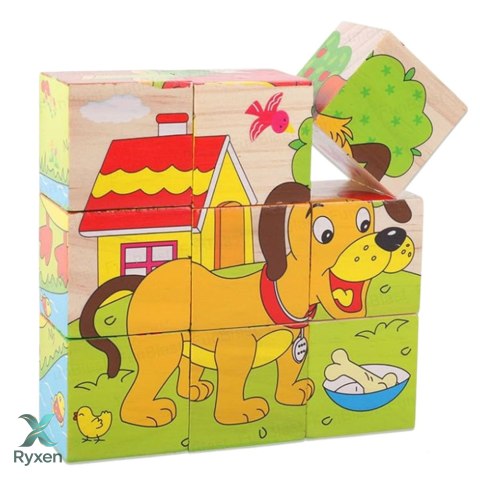 Drewniana Układanka Klocki Farma Puzzle Edukacyjne Zwierzęta 6 Obrazków