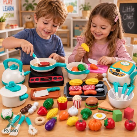 Zestaw Kuchenny Dla Dzieci Kuchenka Garnki Produkty Spożywcze Dźwięki 90el.
