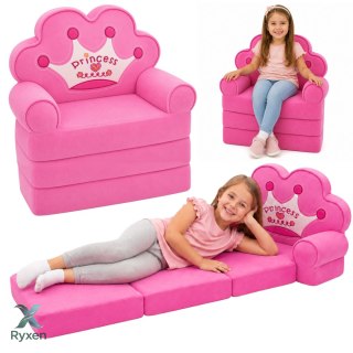 Rozkładany Fotel Sofa Leżanka z Koroną 2W1 Dla Dzieci Miękki Różowy