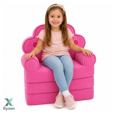 Rozkładany Fotel Sofa Leżanka z Koroną 2W1 Dla Dzieci Miękki Różowy