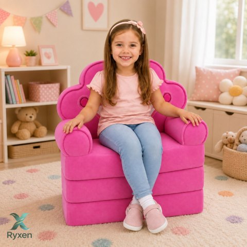 Rozkładany Fotel Sofa Leżanka z Koroną 2W1 Dla Dzieci Miękki Różowy