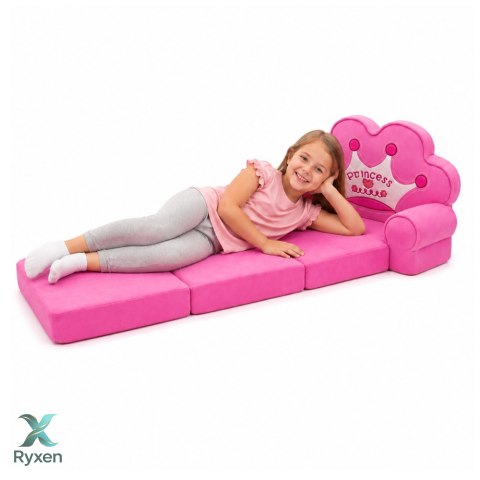 Rozkładany Fotel Sofa Leżanka z Koroną 2W1 Dla Dzieci Miękki Różowy