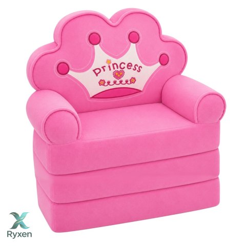 Rozkładany Fotel Sofa Leżanka z Koroną 2W1 Dla Dzieci Miękki Różowy