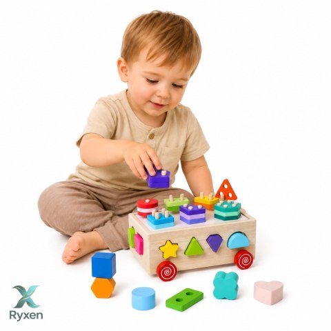 Drewniany Sorter Edukacyjny Na Kółkach Montessori Układanka Kształty Liczby