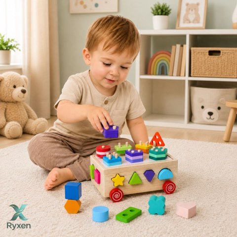 Drewniany Sorter Edukacyjny Na Kółkach Montessori Układanka Kształty Liczby