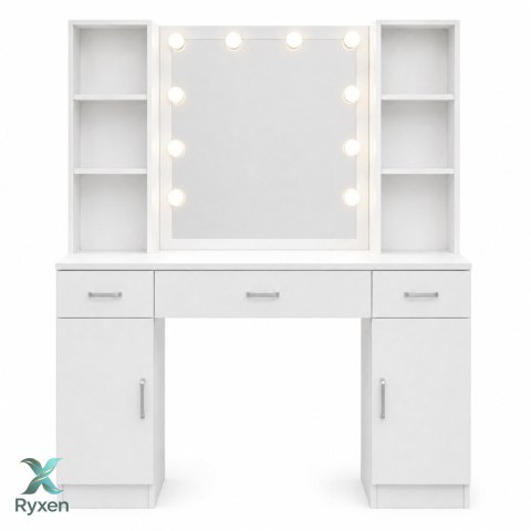 Duża Toaletka Kosmetyczna z Lustrem LED Szafki Szuflady Biała 141x114x39 cm