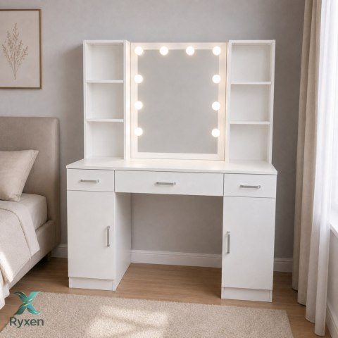 Duża Toaletka Kosmetyczna z Lustrem LED Szafki Szuflady Biała 141x114x39 cm