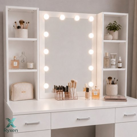Duża Toaletka Kosmetyczna z Lustrem LED Szafki Szuflady Biała 141x114x39 cm
