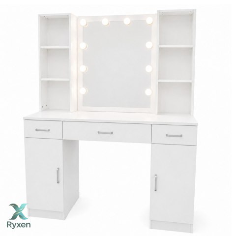 Duża Toaletka Kosmetyczna z Lustrem LED Szafki Szuflady Biała 141x114x39 cm
