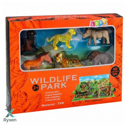 Zestaw Figurek Dzikie Zwierzęta Leopard Tygrys Słoń Koń Park Plansza 3D