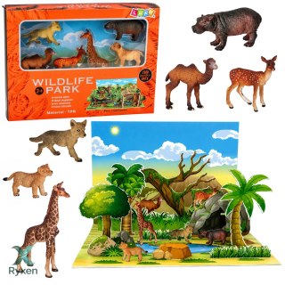 Zestaw Figurek Dzikie Zwierzęta Lis Żyrafa Hipopotam Sarna Park Plansza 3D