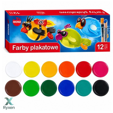 Farby szkolne plakatowe 12 kolorów 20ml MONA