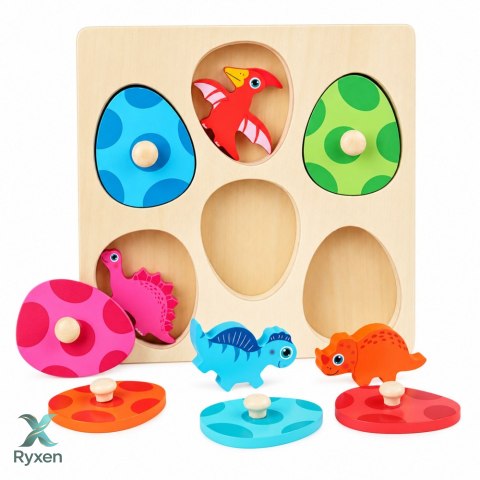 Drewniana Układanka Edukacyjna Dinozaury Puzzle z Uchwytami Kolorowe
