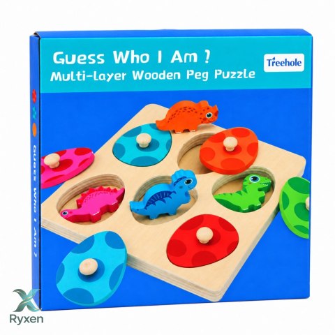 Drewniana Układanka Edukacyjna Dinozaury Puzzle z Uchwytami Kolorowe