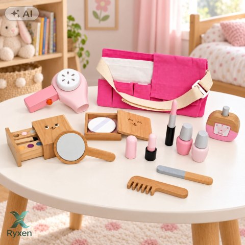Drewniany Zestaw Kosmetyków Dla Dzieci Makijaż Kosmetyczka 12 el.
