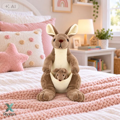 Pluszowa Maskotka Kangurzyca Przytulanka Kangur z Małym Beżowy 25 cm
