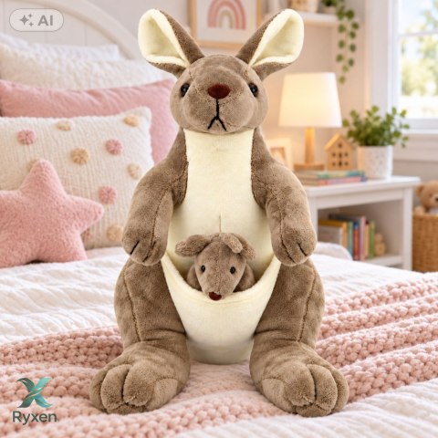 Pluszowa Maskotka Kangurzyca Przytulanka Kangur z Małym Beżowy 30 cm
