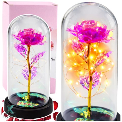 Wieczna Kryształowa Róża w Kopule z Oświetleniem LED Różowa 21x11cm