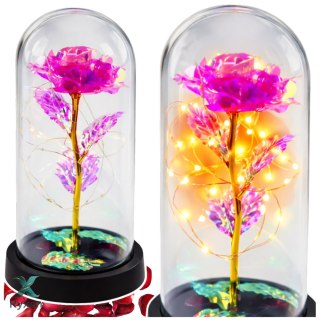 Wieczna Kryształowa Róża w Kopule z Oświetleniem LED Różowa 21x11cm