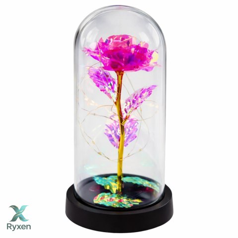 Wieczna Kryształowa Róża w Kopule z Oświetleniem LED Różowa 21x11cm