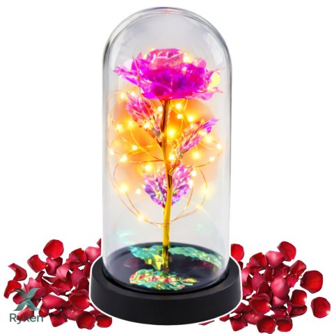 Wieczna Kryształowa Róża w Kopule z Oświetleniem LED Różowa 21x11cm