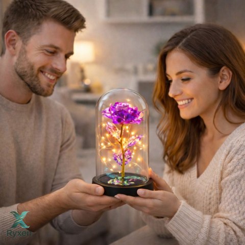 Wieczna Kryształowa Róża w Kopule z Oświetleniem LED Różowa 21x11cm