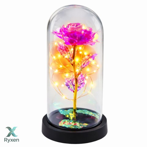Wieczna Kryształowa Róża w Kopule z Oświetleniem LED Różowa 21x11cm