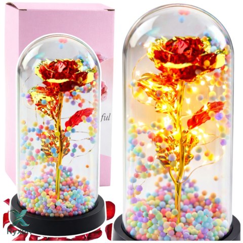 Wieczna Róża W Kopule Kryształowa Oświetlenie LED Kuleczki Czerwona 21x11cm