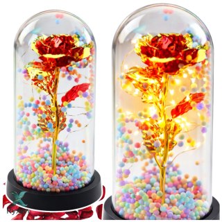 Wieczna Róża W Kopule Kryształowa Oświetlenie LED Kuleczki Czerwona 21x11cm