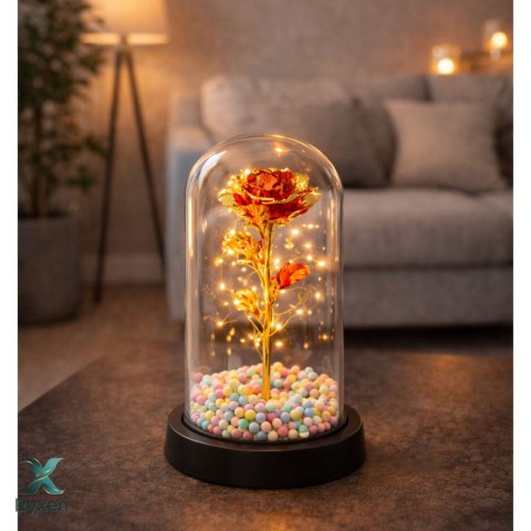 Wieczna Róża W Kopule Kryształowa Oświetlenie LED Kuleczki Czerwona 21x11cm
