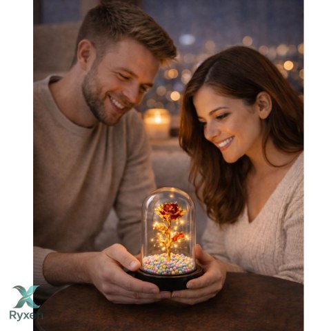 Wieczna Róża W Kopule Kryształowa Oświetlenie LED Kuleczki Czerwona 21x11cm