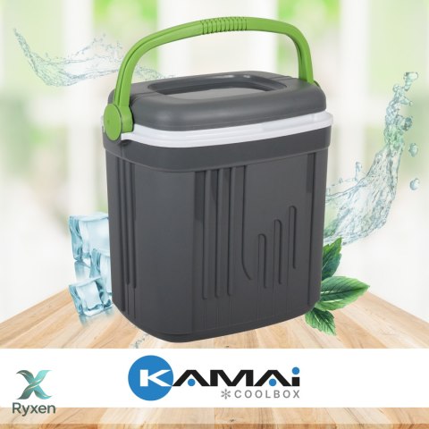 Lodówka turystyczna 20L KAMAI ICEBERG na wkłady mrożące, ciemno-szara z zieloną rączką EDA